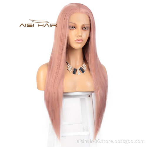 Straight Lace Frontal 26 Inch Wig Synthetic Cosplay Long Pink Wig Silky Front Lace Hair Wigs For Black White Women